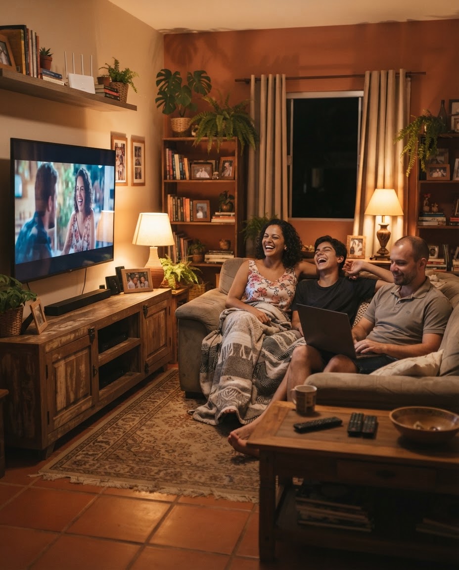 Família usando a internet fibra da Saldanha Net